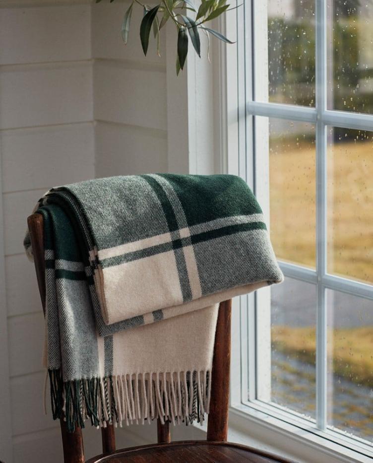 Checked Recycled Wool Throw, Green/Beige 130x170
